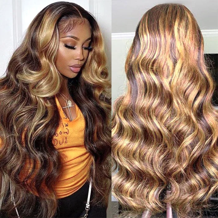 Human - hair wig with a natural - looking root for a more realistic lookP4/27 Highlight Wig Brazilian Body Wave Wig 13x4 Highlight Lace Front Human Hair Wig