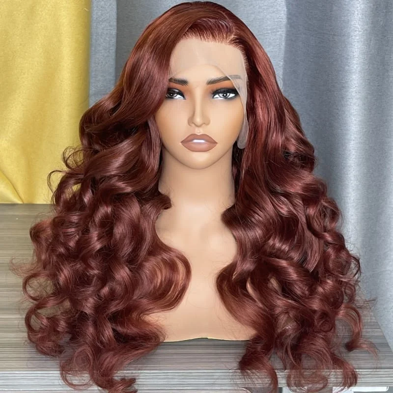 Colored wig with a side - part for a more flattering appearancePatricia Burgundy Reddish Loose Wave 5x5 HD Lace Closure Wigs