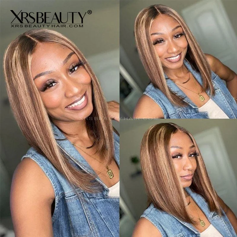 Colored wig with a natural - looking root for a more realistic lookBlonde Highlight Bob Front Lace Wig Human Hair [BOB15]