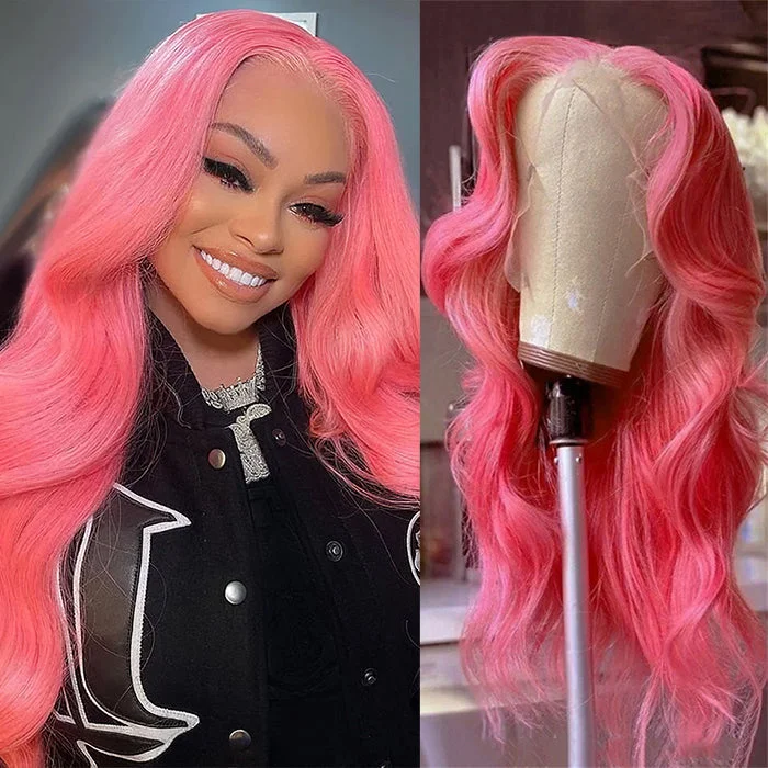 Human - hair wig with a straight texture for a sleek and minimalist lookPink 4x4 Transparent Lace Closure Wig Body Wave Wigs For Women