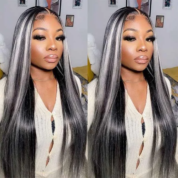 Human - hair wig with a middle - part for a classic and elegant stylePlatinum Blonde Highlights Straight Mixed Color Transparent HD Lace Human Hair Wigs