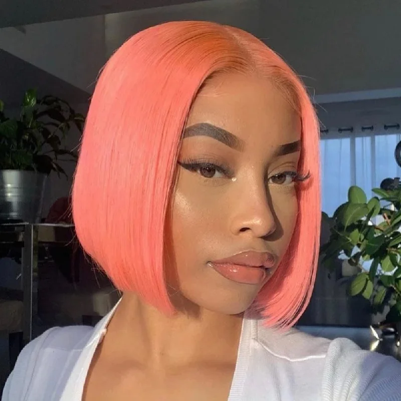 Lace wig with a honey - blonde color for a warm and sunny appearancePre Plucked Pink Short Straight Bob Hair Undetectable Standard Lace Front Human Hair Wig