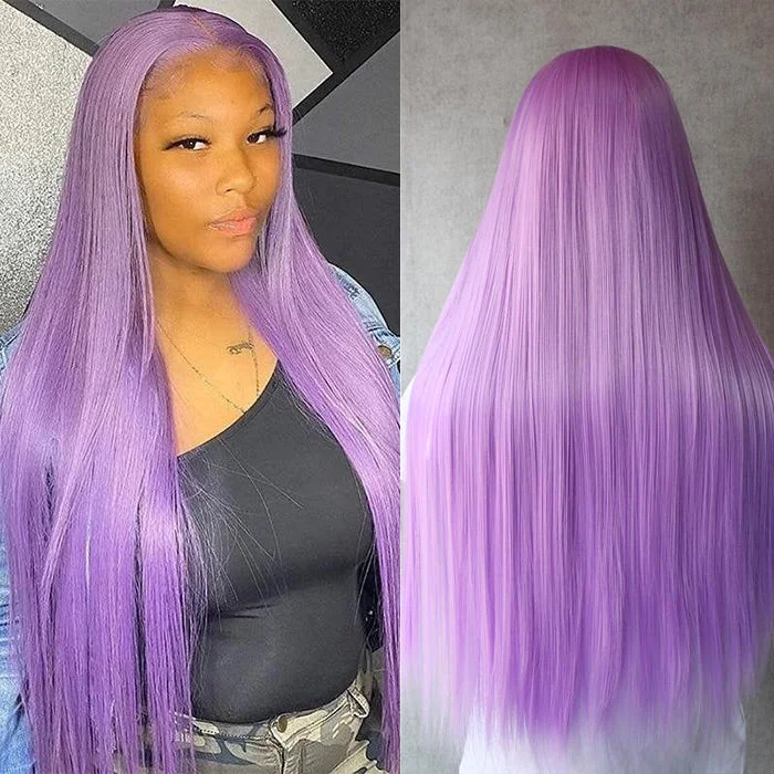 Human - hair wig with a natural - looking root for a more realistic lookPurple Straight 13x4 Pre-Plucked Lace Front Human Hair Wigs