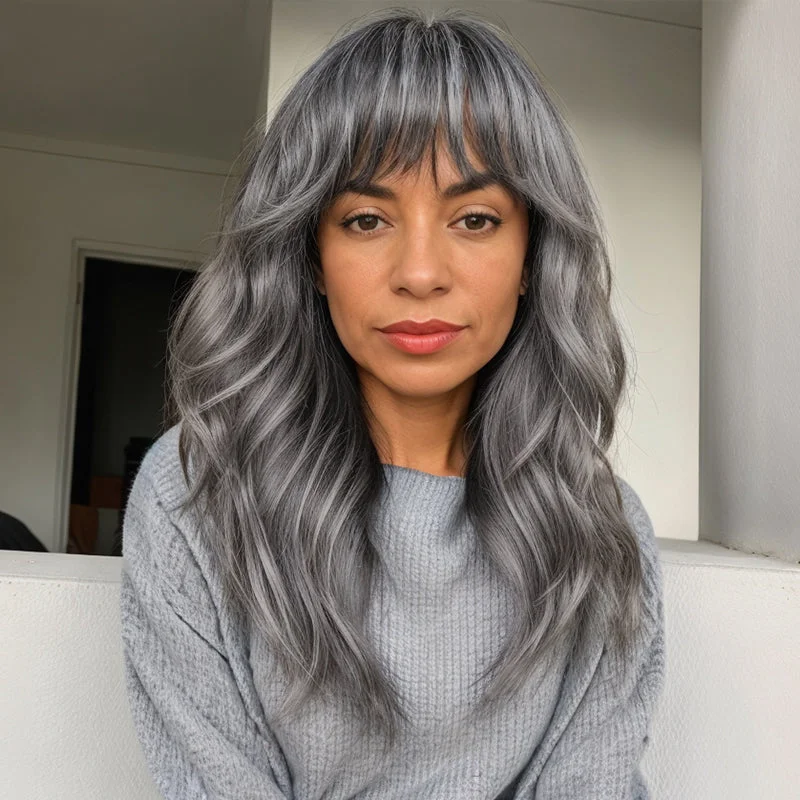 Colored wig with a purple - violet shade for a regal and elegant lookPut On And Go Salt And Pepper Glueless Wig Natural Wave With Bangs