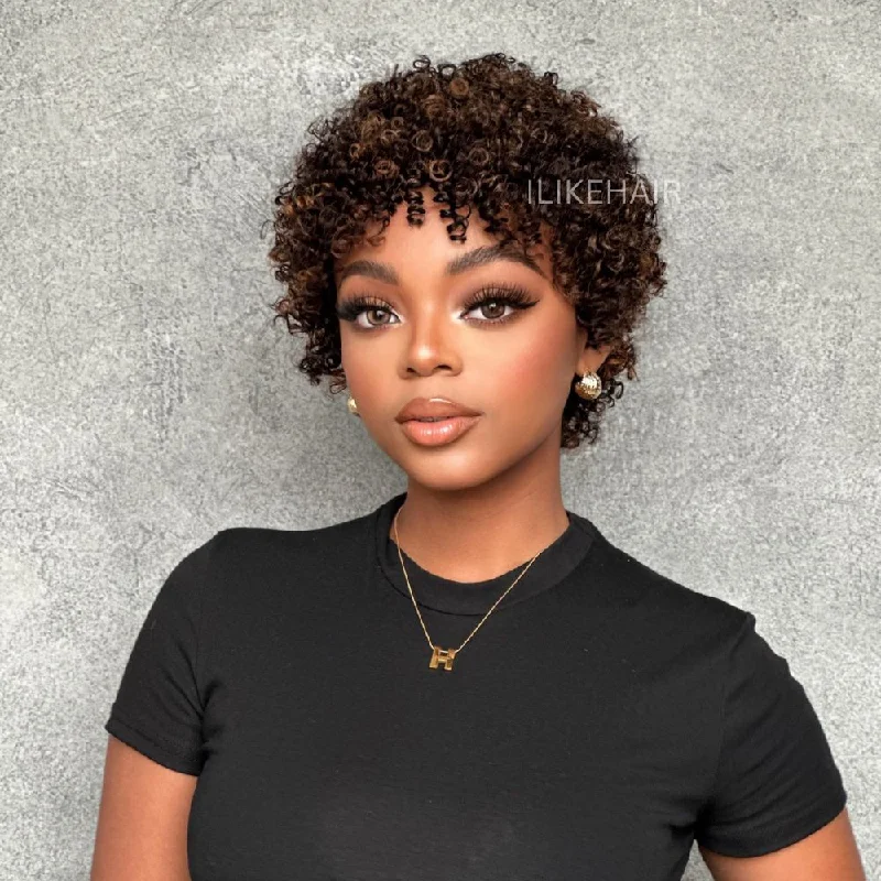 Colored wig in a vibrant pink color for a bold and eye - catching lookPut on & Go Highlight P2/27 Short Afro Curly Wig With Bangs