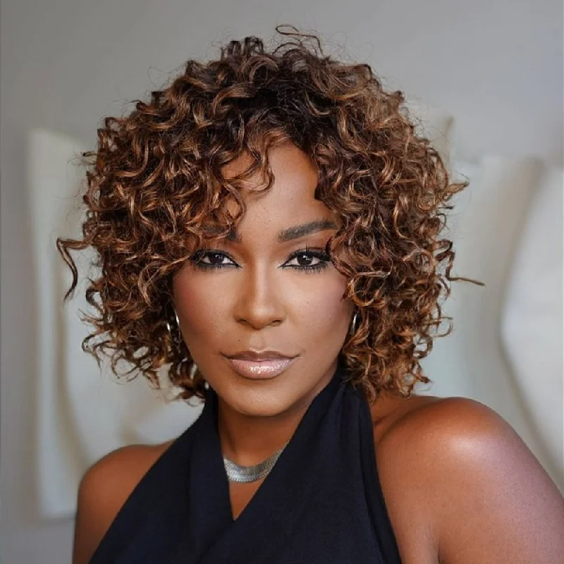 Colored wig with a natural - looking root for a more realistic lookPut On & Go Pixie Curly Ombre Auburn Brown Wig