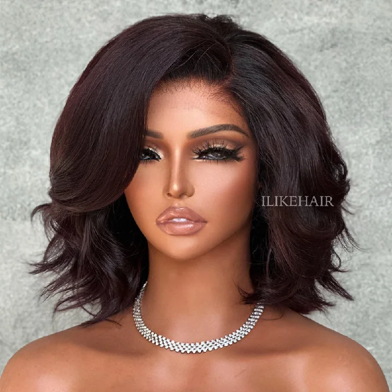 Colored wig with a natural - looking root for a more realistic lookReddish Brown Layered Fluffy Bob 5x5 Lace Closure Wig