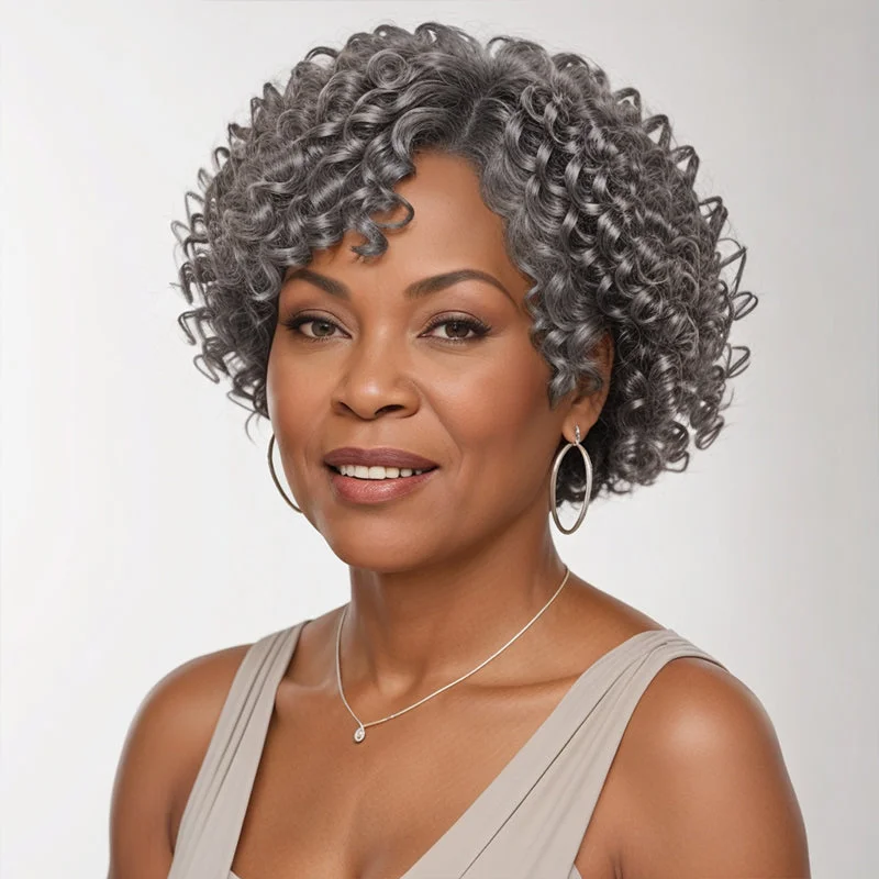 Colored wig with a side - part for a more flattering appearanceSalt And Pepper Short Bob Kinky Curly Wig Glueless 5x5 Closure Pre-cut Lace Wigs Human Hair