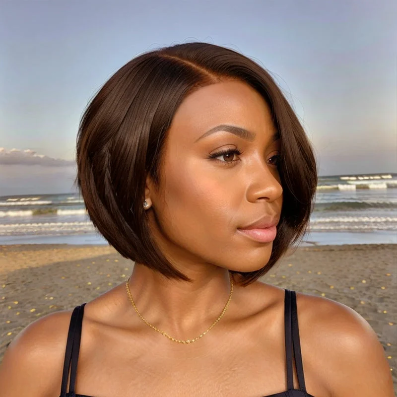 Colored wig with a pre - plucked hairline for a more natural lookShort Brown Hair Style With Pin-Curls Bangs Bob Curly Human Hair For Black Woman