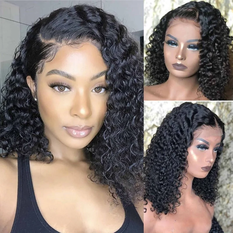 Human - hair wig in a jet - black color for a classic and timeless lookShort Curly Bob 13x4 HD Transparent Lace Front Wig 100% Virgin Human Hair