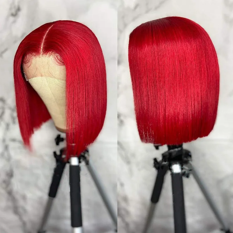 Adjustable - cap lace wig for a comfortable fitShort Red Bob Wigs Human Hair Wigs Standard Lace Front Wigs