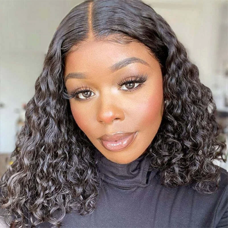 Malaysian - human - hair wig with a smooth and silky textureShort Water Wave Bob 13x6 HD Transparent Lace Frontal Wig 100% Virgin Human Hair