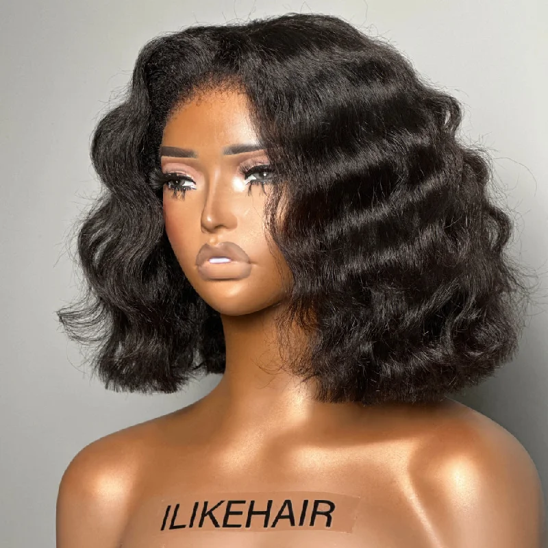 Full - lace wig with a natural - looking hairline for a seamless appearancePut on & Go Short Wavy Kinky Edges Bob Pre Cut HD Lace Wig