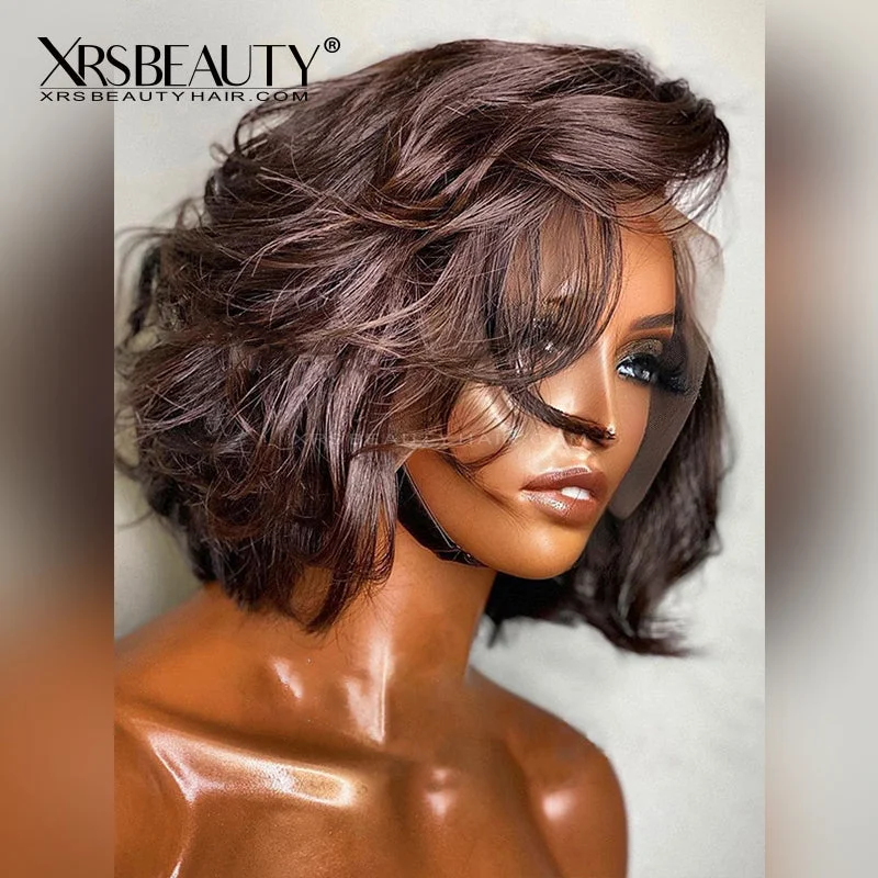 Colored wig with a silk - base cap for a comfortable and smooth feel12 Inch Side Part Messy Bob Light Reddish Brown Lace Front Wig [BOB51]