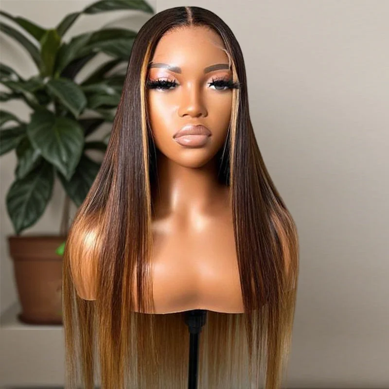 Colored wig with a wispy fringe for a soft and feminine lookSilky Straight Dark Brown with Chestnut Brown Highlights Wig 5x5/13x6 Light Brown Highlights 180% Density Wig