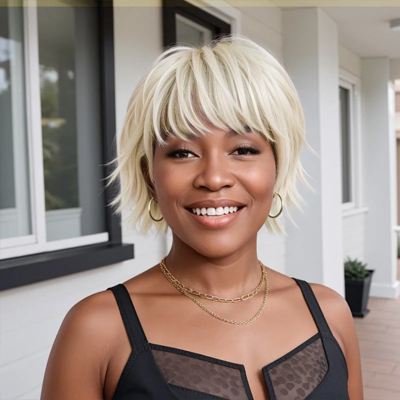 Colored wig with a curly texture for a bold and stylish choiceSilver Colored Short Pixie Cut Wig Layered Glueless Mullet Wigs With Bang