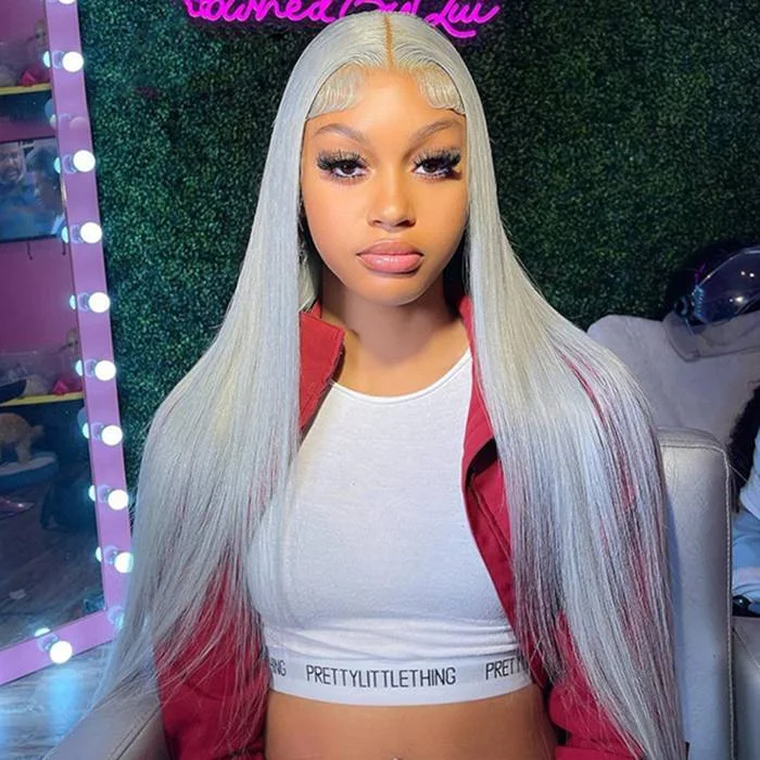 Human - hair wig with a straight texture for a sleek and minimalist lookSilver Grey 4x4 Lace Closure Human Hair Pre-Plucked Wig