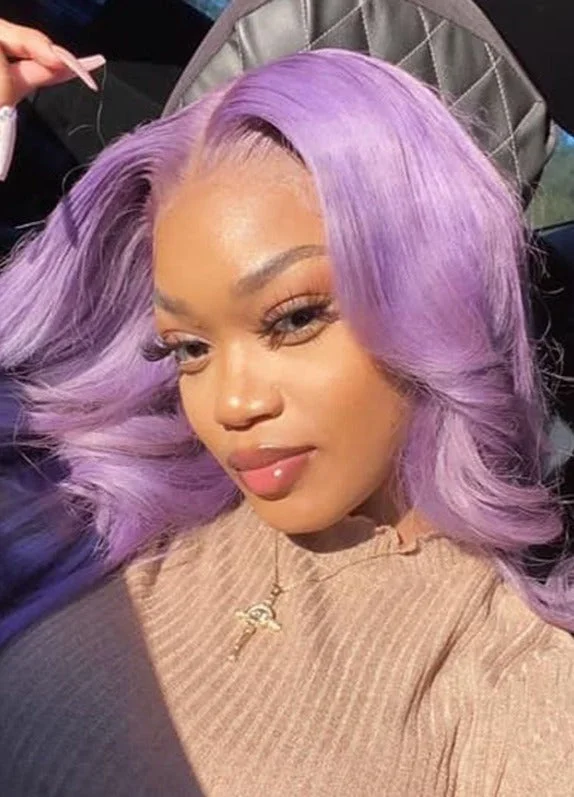 Colored wig with a wispy fringe for a soft and feminine lookSimidola Light Purple Color Body Wave Frontal Wig