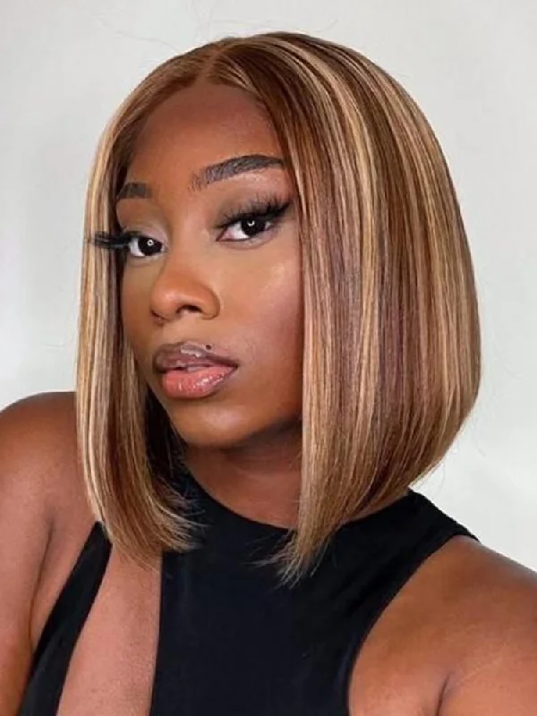 Colored wig with a blue - green ombre effect for a unique and trendy appearanceSimidola Chestnut Brown Highlights Straight Closure Bob Wig