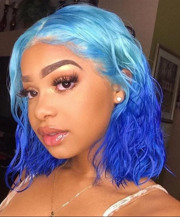 Colored wig with a curly texture for a bold and stylish choiceSimidola Ombre Icy Blue Color Bob Straight Hair Wig