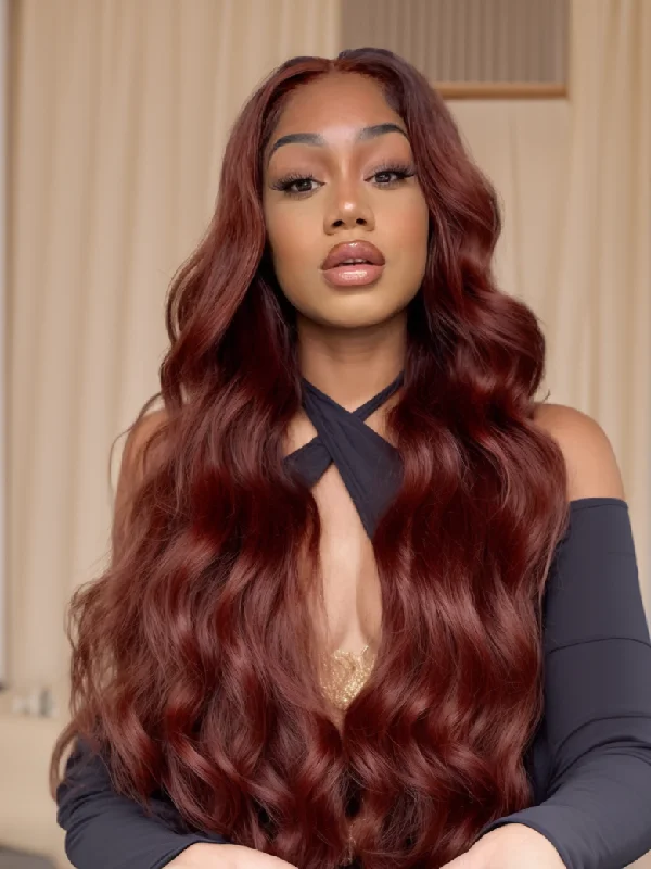 Colored wig with a curly texture for a bold and stylish choiceSimidola Reddish Brown Body Wave Lace Front Wig