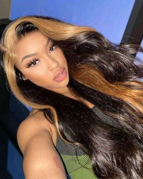 Colored wig with a straight texture for a sleek and minimalist lookSimidola Skunk Stripe Honey Blonde Highlights body wave Hair Lace Front Wig