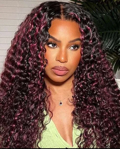 Colored wig with a 150 - density for a full and thick appearanceSimidola Valeria Violet Tails Highlight Deep Wave Front Wig