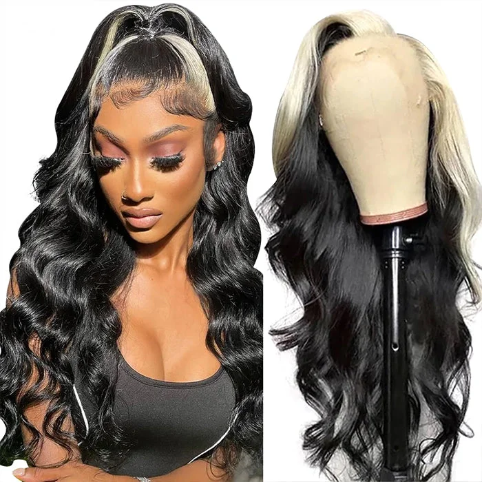 Brazilian - human - hair wig with a full and voluminous lookSkunk Stripe Human Hair Wig 1B/613 Highlight Blonde Lace Front Wig 13x4 Body Wave Colored Lace Front Human Hair Wigs