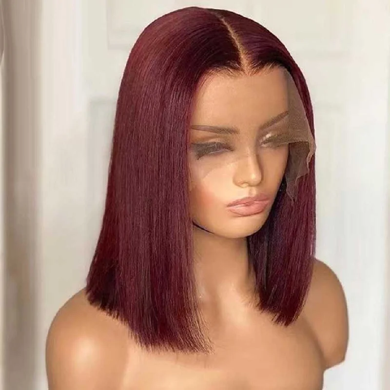 Lace wig with a side - part for a more flattering lookStraight Bob Wig 99J Burgundy Colored Standard Lace Frontal Wig Human Hair Wigs