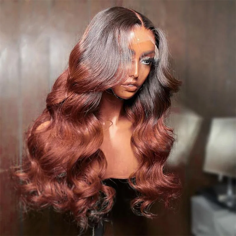 Colored wig with a natural - looking root for a more realistic lookStrawberry Brunette Loose Body Wave Lace Wig Mix Reddish Brown Colored Wigs