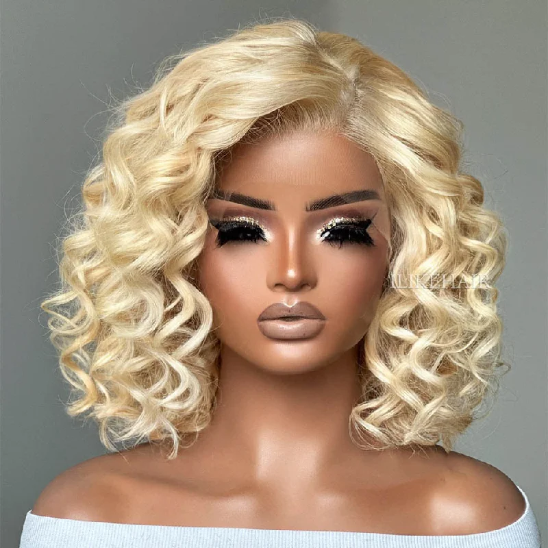 Colored wig with a silver - grey color for a trendy and cool - toned lookStylish #613 Blonde Short Bouncy Curly 13x4 Lace Front Wig