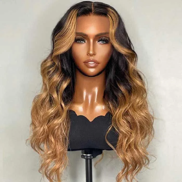 Indian - human - hair wig with a natural - looking shineT1B/27 Highlight Brown With Dark Roots Body Wave 13x4 Transparent HD Lace Frontal Wig