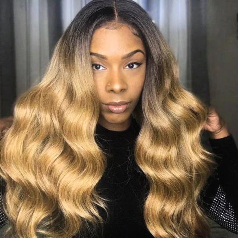 Colored wig with a curly texture for a bold and stylish choiceT1B/27 Ombre Transparent Lace Wig 100% Virgin Human Hair