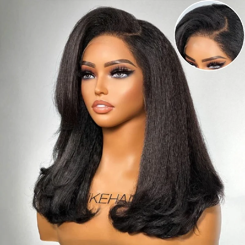 Lace wig with a middle - part for a classic and elegant styleTrendy Layered Blowout Kinky Straight HD Lace Front Kinky Edges Wig