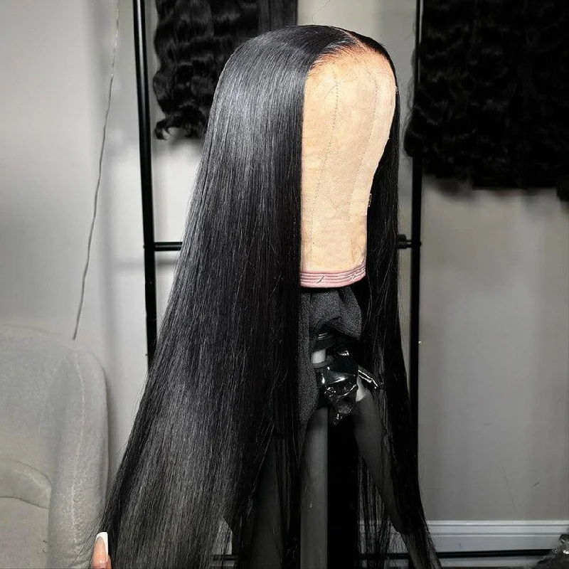 Lace wig with a side - swept bang for a sophisticated lookWOWANGEL Jet Black 13X6 HD Lace Full Frontal Wig Straight Clean Hairline