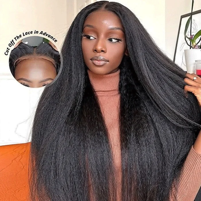 Human - hair wig with a silk - base cap for a comfortable and smooth feelWear And Go-Kinky Straight HD Glueless Human Hair Pre Cut Lace Wig