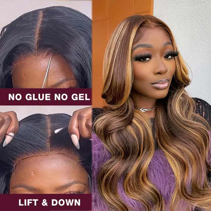 Virgin - human - hair wig with a natural - looking texture for a luxurious feelWear And Go-P4/27 Highlight Body Wave HD Glueless Human Hair Pre Cut Lace Wig