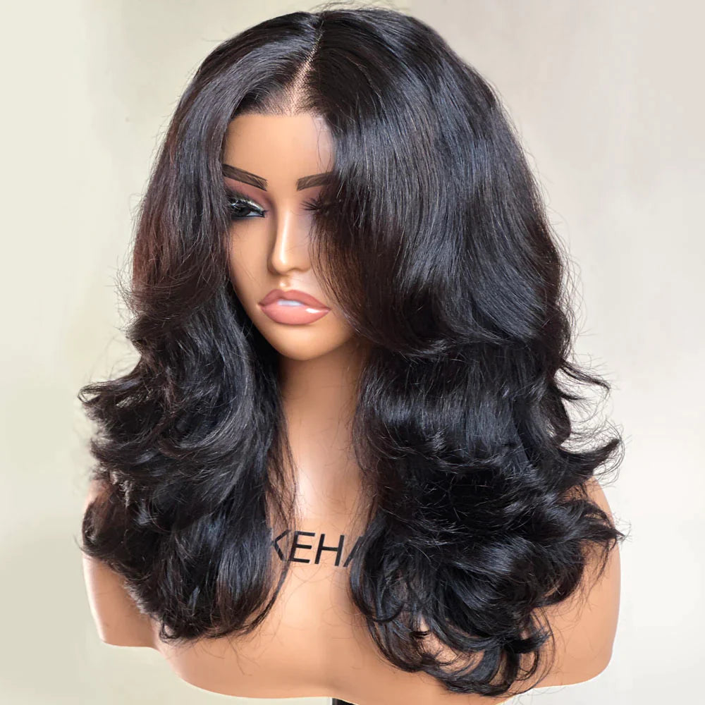 Lace wig with a silk - base cap for a comfortable and smooth feelPut on & Go Inspired Layered Curtain Bangs Wavy Lace Closure Wig