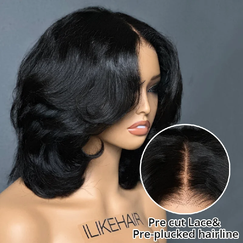 Lace wig with a side - part for a more flattering lookPut on & Go Layered Bob Short Wavy Glueless Human Hair Lace Wig