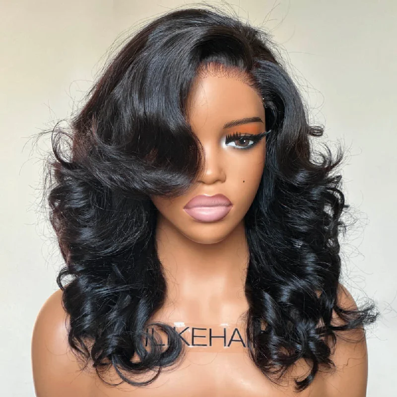 Lace wig with a side - swept bang for a sophisticated lookPut on & Go Layered Wavy With Side Bangs 5x5 Lace Closure Wig