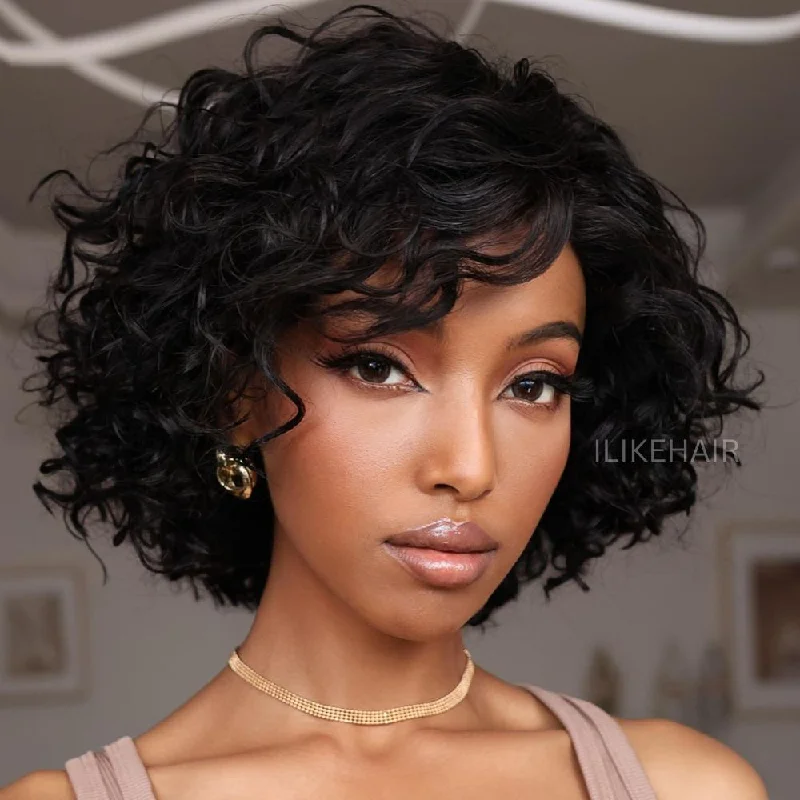 Lace wig with a platinum - blonde color for a bold and trendy lookPut on & Go Pixie Cut Curly Bob Glueless Human Hair Wig