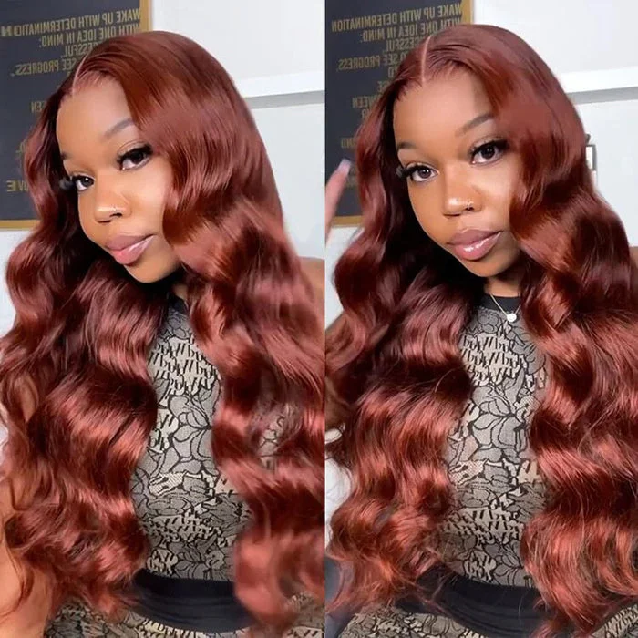 Colored wig with a side - part for a more flattering appearanceWear Go Glueless Wigs 8*5 Pre Cut HD Lace Wig Reddish Brown Body Wave Wig Pre-Bleached