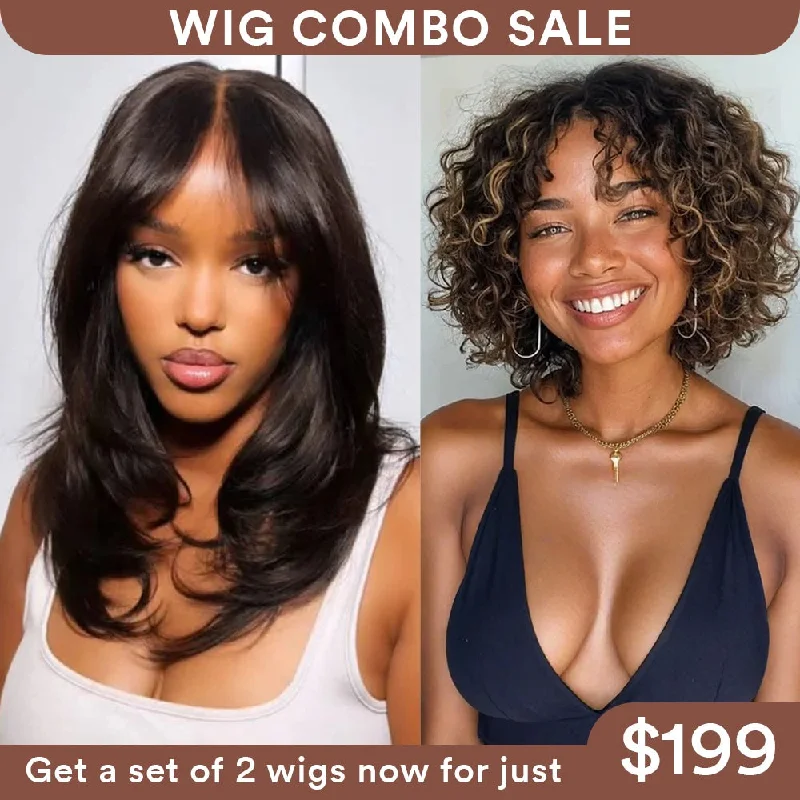 Colored wig with a straight texture for a sleek and minimalist lookWig Combo 1-Layered Curtain Bang Wig+ Blonde Curly Higlight Wig