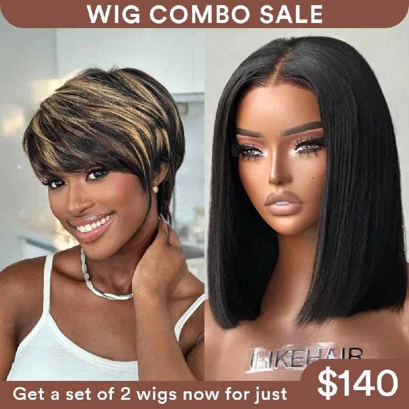 Colored wig with a natural - looking root for a more realistic lookWig Combo 2-Pixie Highlight Wig+Straight Bob Wig