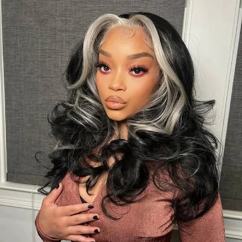 Lace wig with a side - swept bang for a sophisticated lookHighlight Skunk Stripe Wig 4x4/13x4 Lace Frontal Wig Body Wave Human Hair