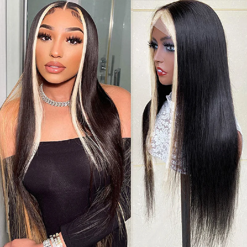 Human - hair lace wig for a luxurious and natural feelHighlight Skunk Stripe Wig Pre Plucked Lace Frontal Wig Straight Human Hair