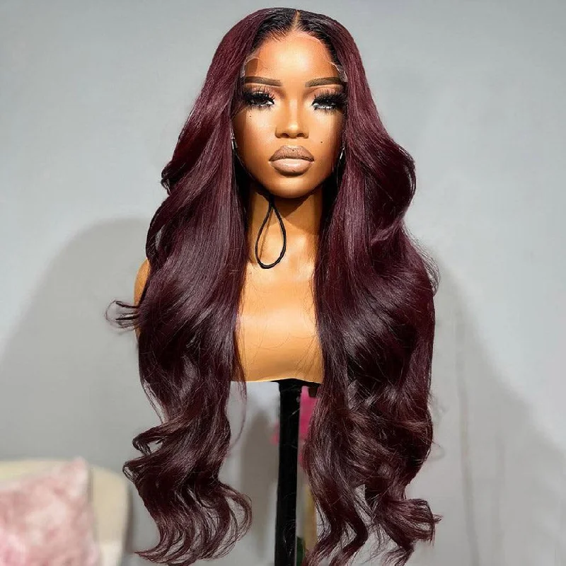 Human - hair lace wig for a luxurious and natural feelWOWANGEL 99J Burgundy 6x6 Skinlike Real HD Lace Closure Wig with Dark Root