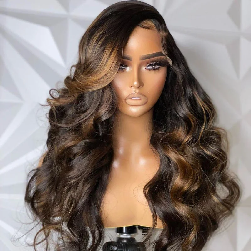 Lace wig with a wavy texture for a beachy lookWOWANGEL Brown Highlight 13x4 Skinlike Real HD Lace Full Frontal Wig