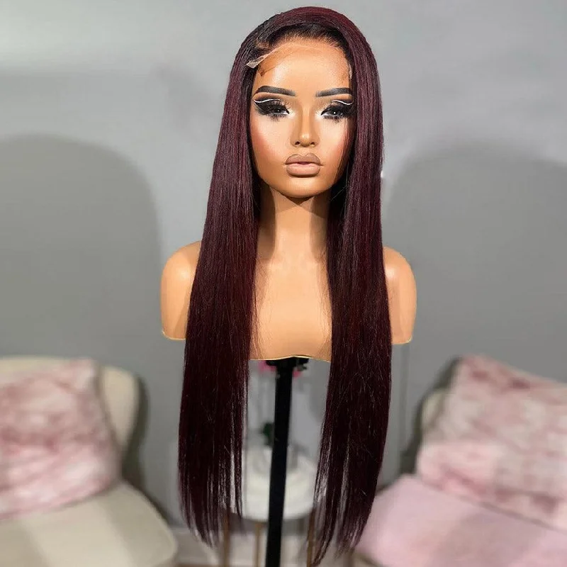 Lace wig with a wispy fringe for a soft and feminine lookWOWANGEL Burgundy 13x6 Skinlike Real HD Lace Front Wig Ombre 99J Straight