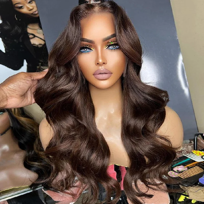 Lace wig with a 200 - density for a full and thick appearanceWOWANGEL Chocolate Brown Color 13X6 HD Lace Front Wigs Body Wave Mid Part